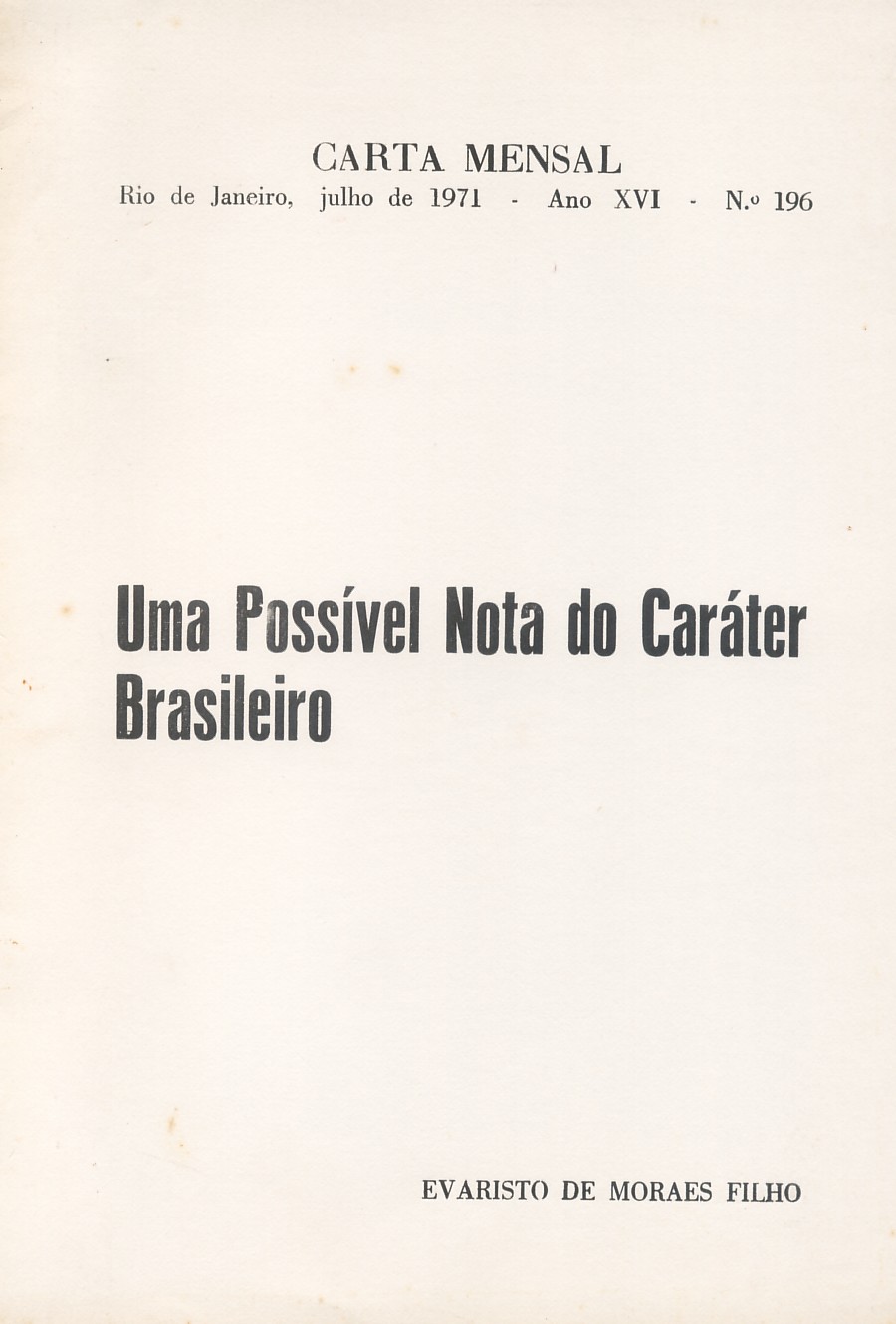 Uma Possível Nota do Caráter Brasileiro, 1971